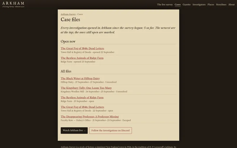 The public case archive: every investigation opened since the survey began, generated by the server as crawlable pages