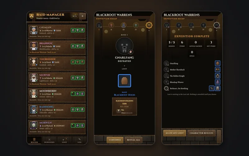 Raid Manager on Android: the guild roster, a boss and its loot revealed in the expedition recap, and the recap summary (an earlier build with procedural placeholder art)