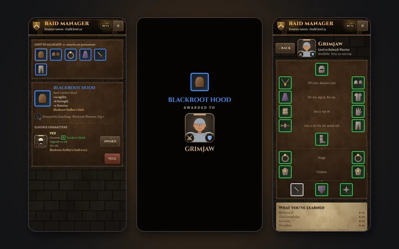 Loot allocation with upgrade and set impact, an item awarded to a character, and the character sheet
