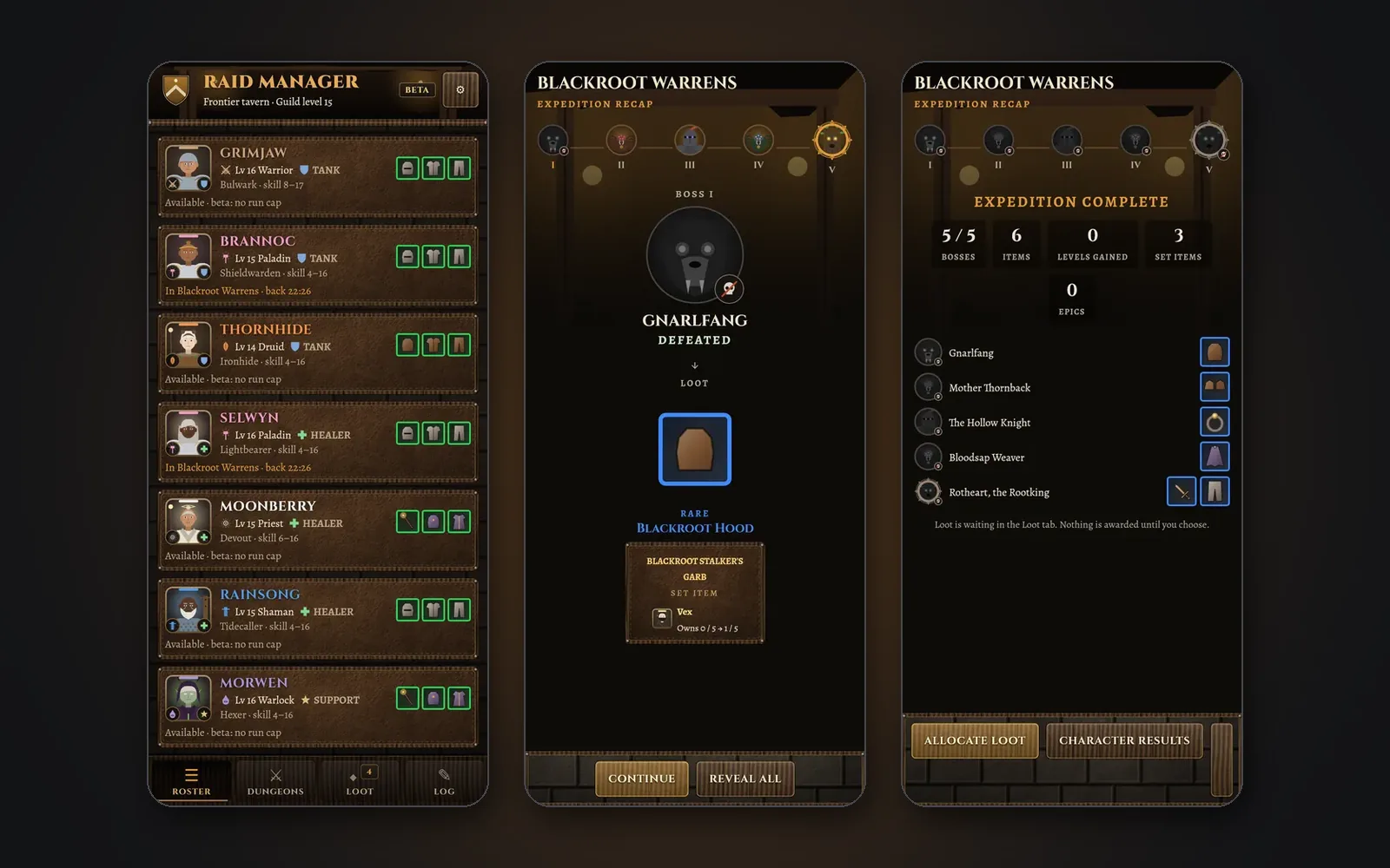 Raid Manager on Android: the guild roster, a boss and its loot revealed in the expedition recap, and the recap summary (an earlier build with procedural placeholder art)