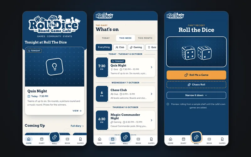 The companion app on a phone: tonight's event on the home screen, the week's diary, and Roll Me a Game (a development build with sample events)