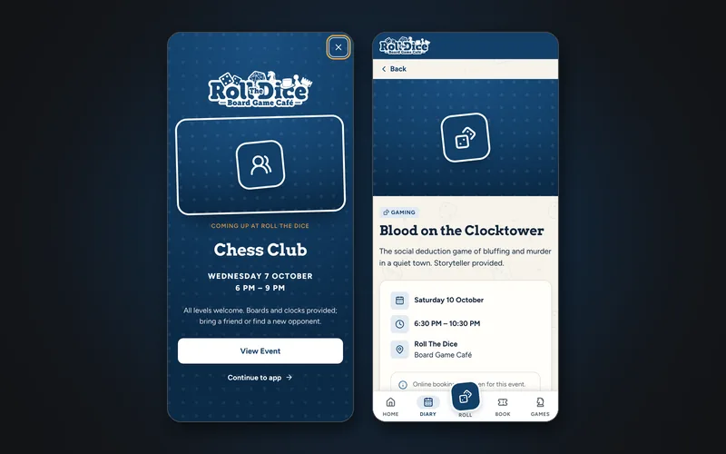 The event splash shown once per visit, and an event page with date, time and venue (sample events)